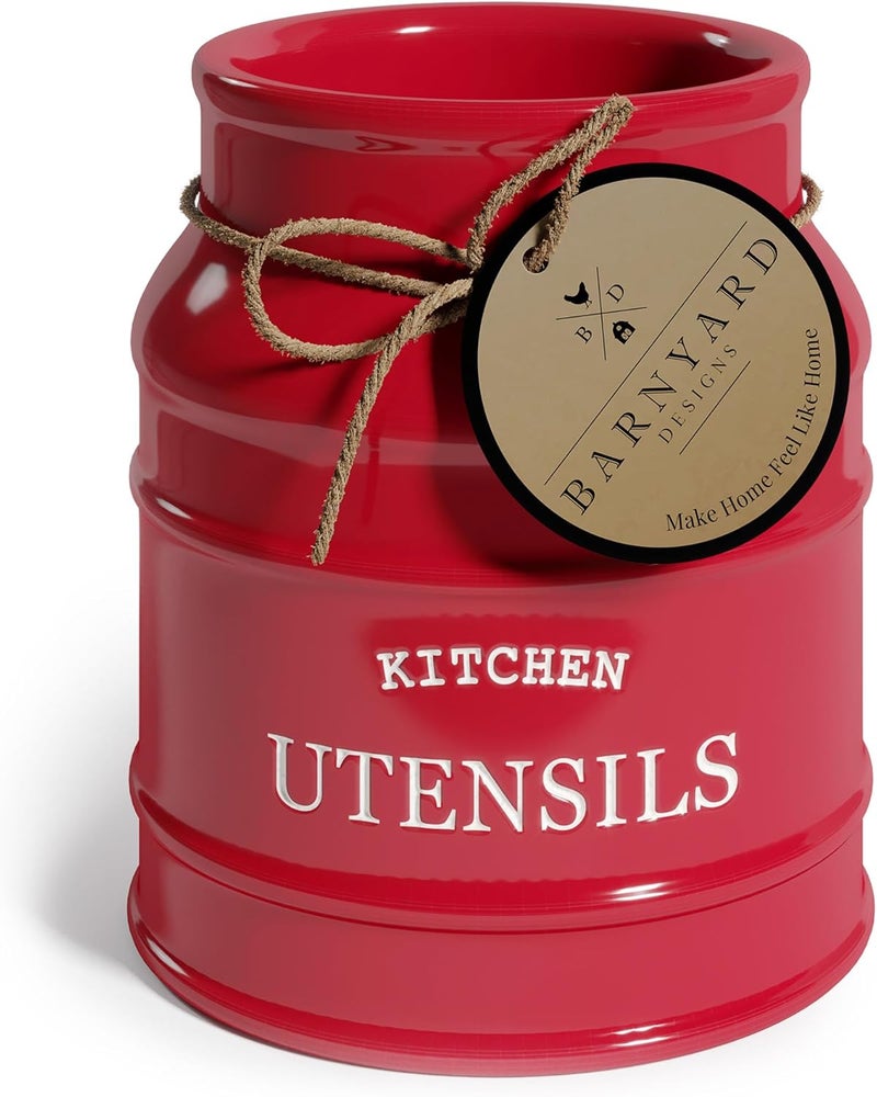 BARNYARD DESIGNS Ceramic Utensil Crock Holder for Kitchen Counter, Rustic Farmhouse Countertop Decor, French Country Organizer for Cooking Utensils, Red, 15 x 17cm - Image 1