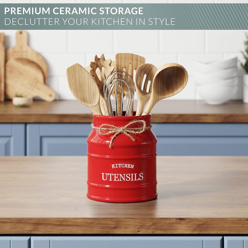 BARNYARD DESIGNS Ceramic Utensil Crock Holder for Kitchen Counter, Rustic Farmhouse Countertop Decor, French Country Organizer for Cooking Utensils, Red, 15 x 17cm - Image 5