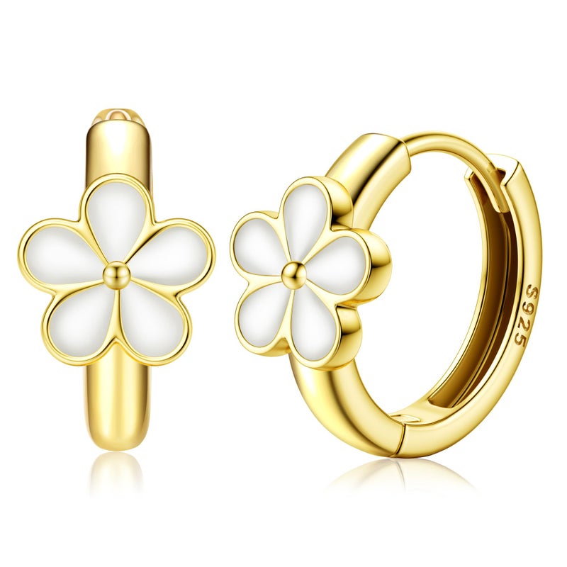 MILACOLATO 925 Sterling Silver Flower Hoop Earrings for Women Teen 18K Gold Plated Small Huggie Hoop Earring Hypoallergenic Daisy Hoop Earrings for Toddler Valentines Mother's Day Birthday Gifts - Image 1