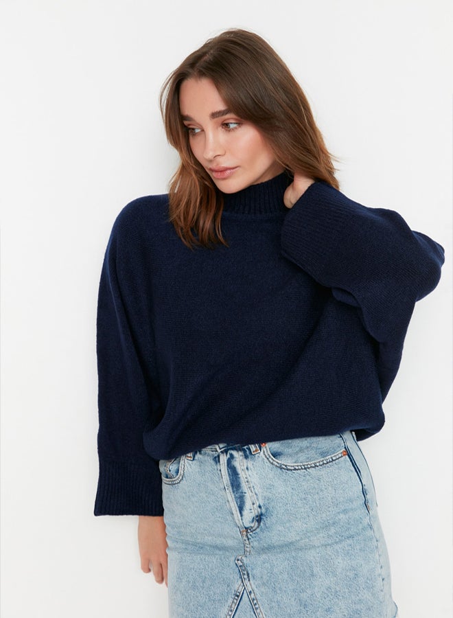 trendyol Navy Blue Soft Textured Wide Fit Knitwear Sweater - Image 2