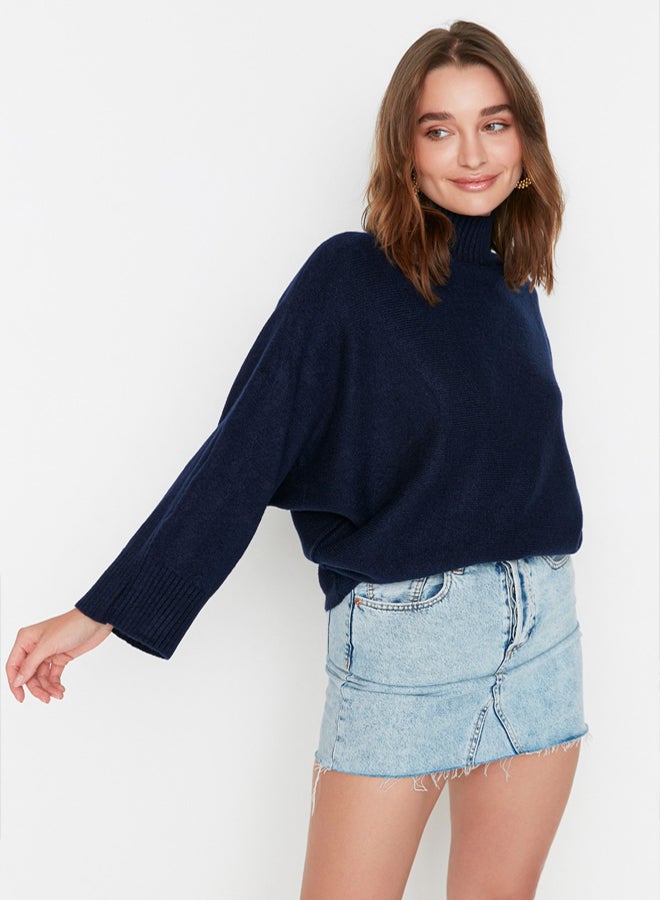 trendyol Navy Blue Soft Textured Wide Fit Knitwear Sweater - Image 1