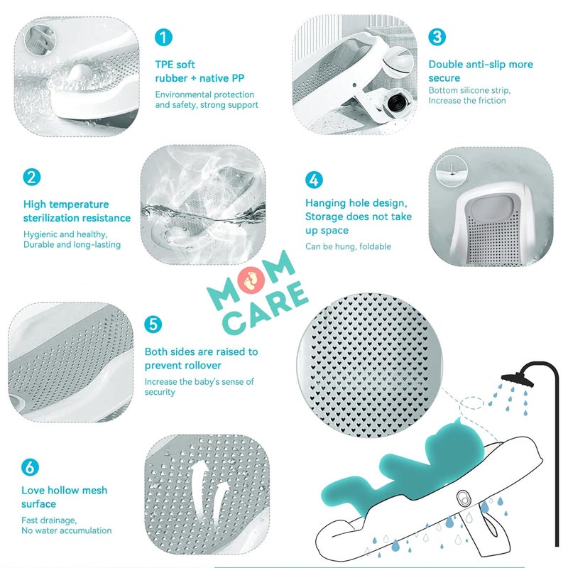 MOM CARE حوض استحمام قابل للطي للأطفال حديثي الولادة من MOM CARE مع دعم لمقعد استحمام الأطفال (رمادي) - Image 3