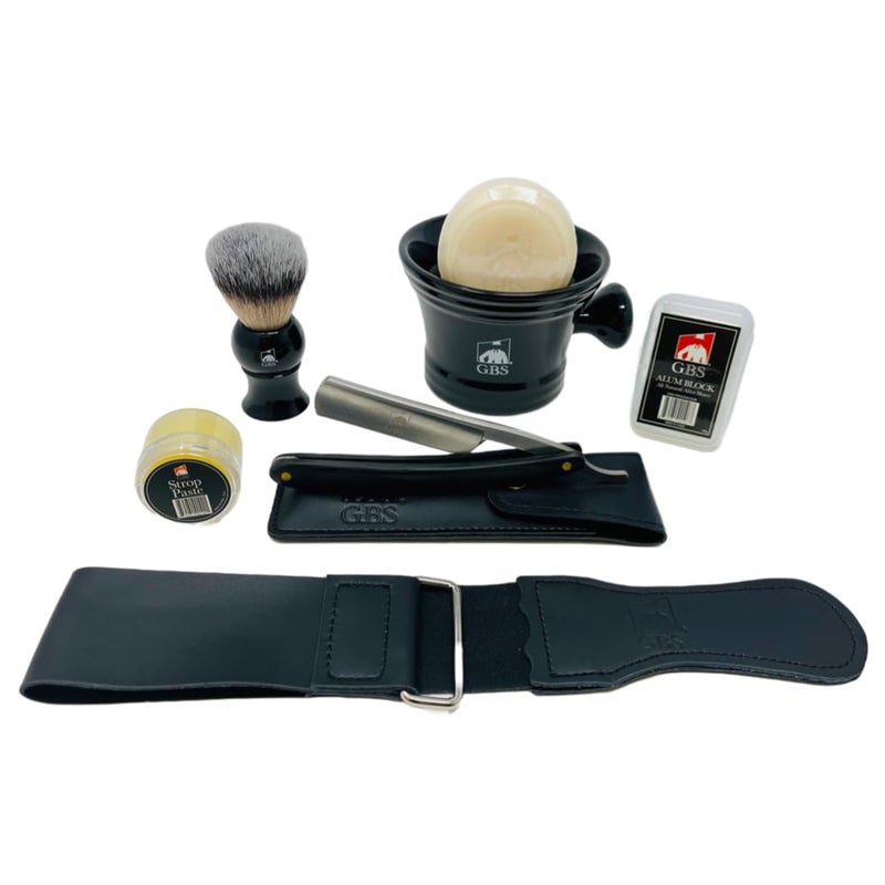 GBS Mens Shaving Set Deluxe Straight Razor 68in Carbon Steel Razor Shaving Mug Synthetic Bristles Brush Shaving Soap Razor Case Alum Block and Strop