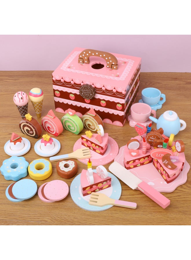 Children's Handheld Candy Dessert Cake Wooden Boxed Imitation Ice Cream Cut Pink Kitchen Toy-Color:YLB-Barbecue Shop - Image 2