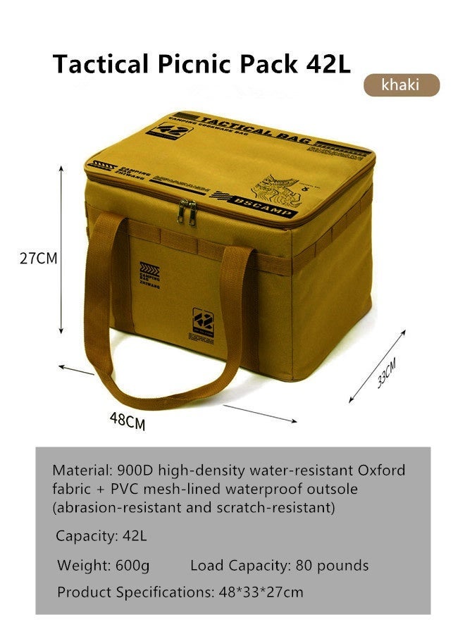Large Capacity Foldable Storage Bag,Tool Bag,Tactical Equipment Handbag, Portable Multifunctional - 42L Oxford cloth durable material, Antibacterial & Mold Proof Design - Suitable for Homeuse & Outdoor & Car Storage, Family Travel, Picnicking, Hiking, Camping, Beach, Road Trips, BBQ Gear, Emergency Kits, Pet Supplies, Sports Equipment (Khaki) - Image 2