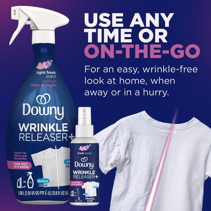 Downy Wrinkle Release Spray Travel Size, All In One Formula, Removes Wrinkles, Static and Odor Eliminator, Light Fresh Scent, 3 Fl Oz, Pack of 12 - Image 5