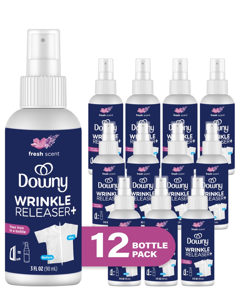 Downy Wrinkle Release Spray Travel Size, All In One Formula, Removes Wrinkles, Static and Odor Eliminator, Light Fresh Scent, 3 Fl Oz, Pack of 12 - Image 1