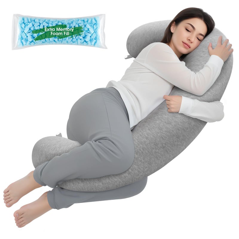 TranquilRelax C Shaped Body Pillow for Side Sleepers, Memory Foam Long Pillow for Leg, Hip & Back Support, Soft Washable Cover,Grey-47"*10" - Image 1