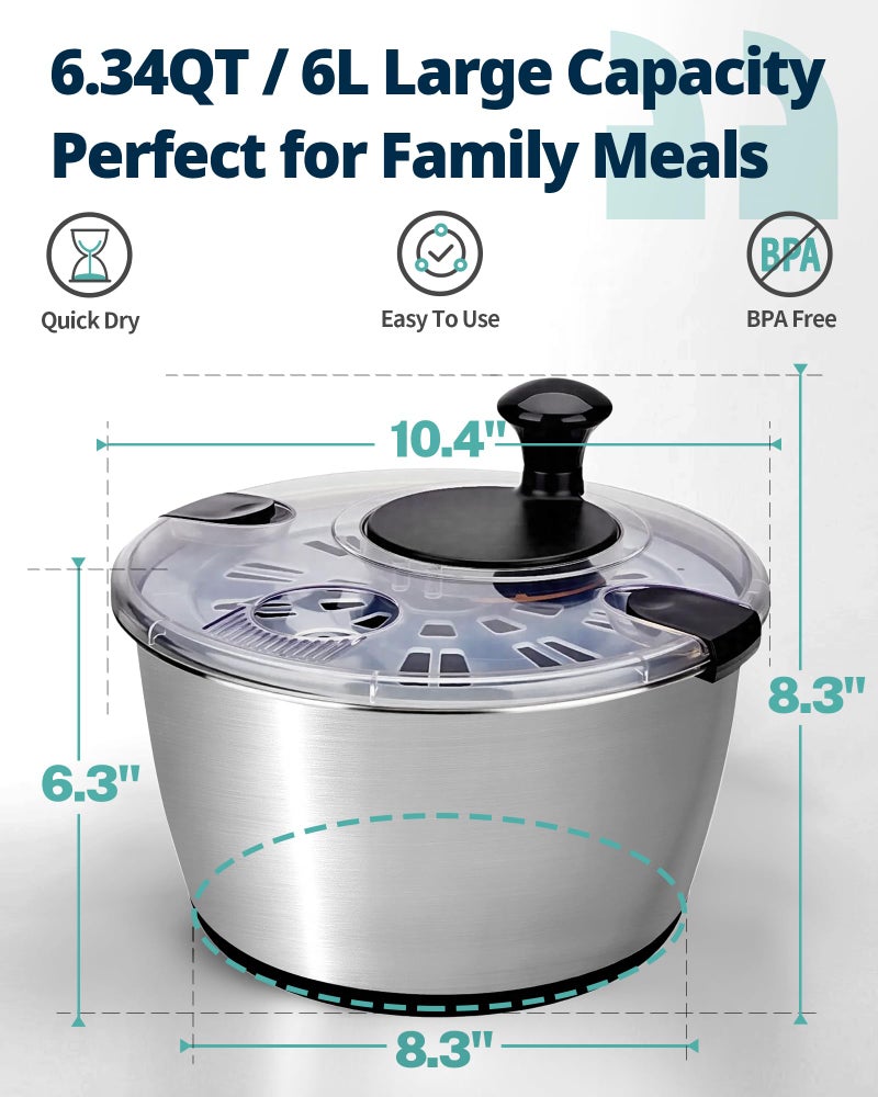 SveBake Stainless Steel Salad Spinner, 6.34Qt Large Lettuce Dryer, BPA-Free Vegetable & Fruit Washer with Drain, Easy Clean, Non-Slip Base, Transparent Lid - Image 5