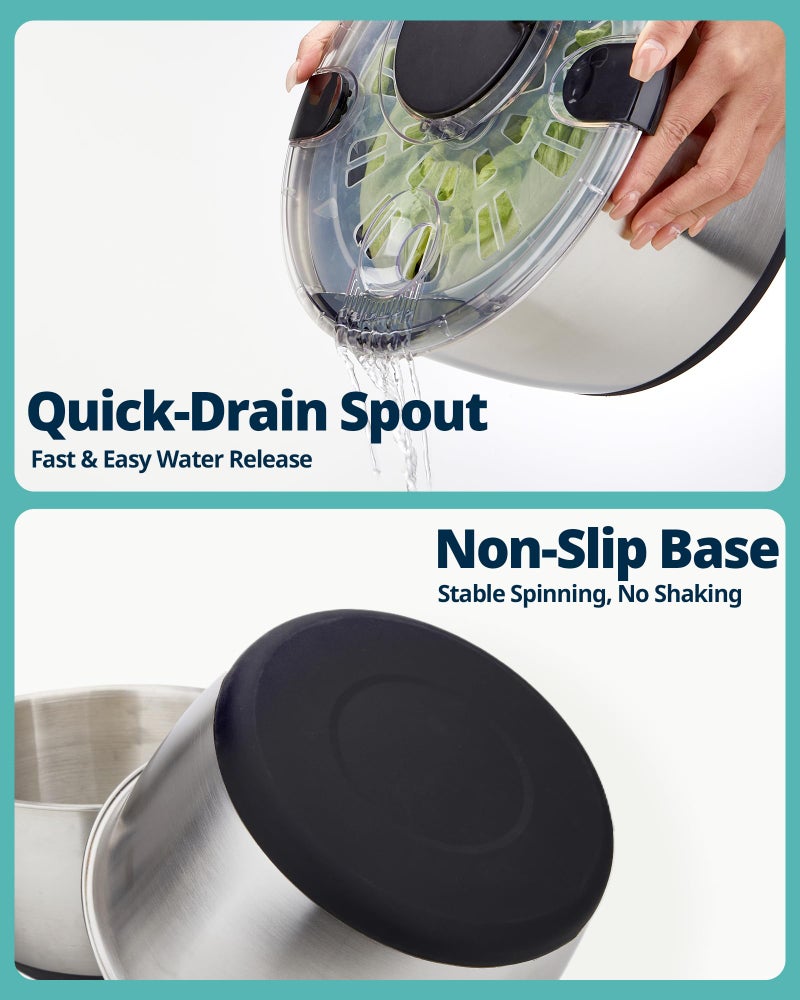 SveBake Stainless Steel Salad Spinner, 6.34Qt Large Lettuce Dryer, BPA-Free Vegetable & Fruit Washer with Drain, Easy Clean, Non-Slip Base, Transparent Lid - Image 4