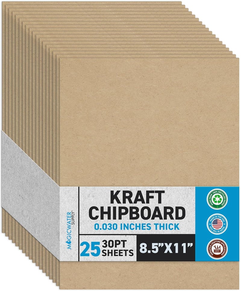 MagicWater Supply MagicWater Chipboard Sheet for DIY Projects - 8.5x11 Inch - 25 Pack - 30 pt - Heavy Duty Kraft (0.030 Inch Thick) Paperboard, for Scrapbooking, Books, Picture Frame Backing, Arts Project & Crafts - Image 1