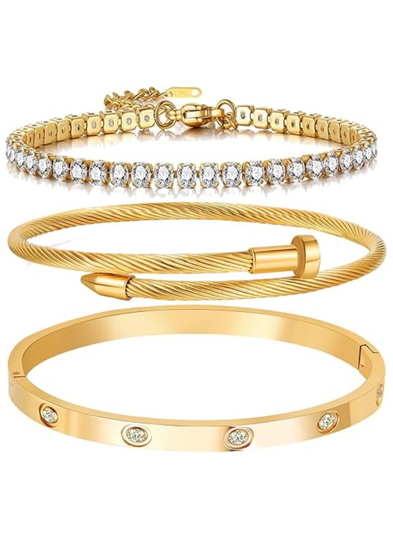 Generic 3 Pcs Elegant 18K Gold Plated Bracelet Set, Flexible Wide Wristband Love Bangle Bracelet Set - Ideal Gift for Women  - Image 1