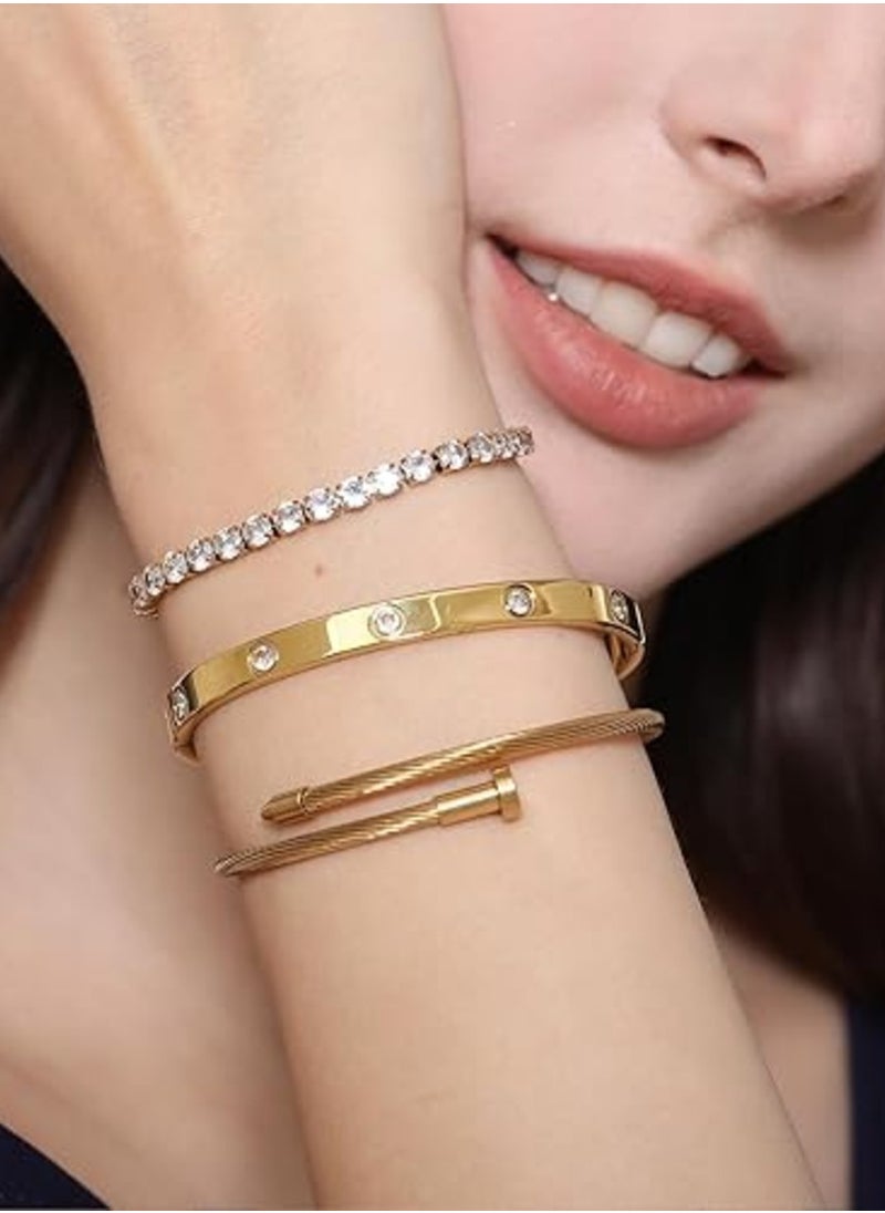 Generic 3 Pcs Elegant 18K Gold Plated Bracelet Set, Flexible Wide Wristband Love Bangle Bracelet Set - Ideal Gift for Women  - Image 5