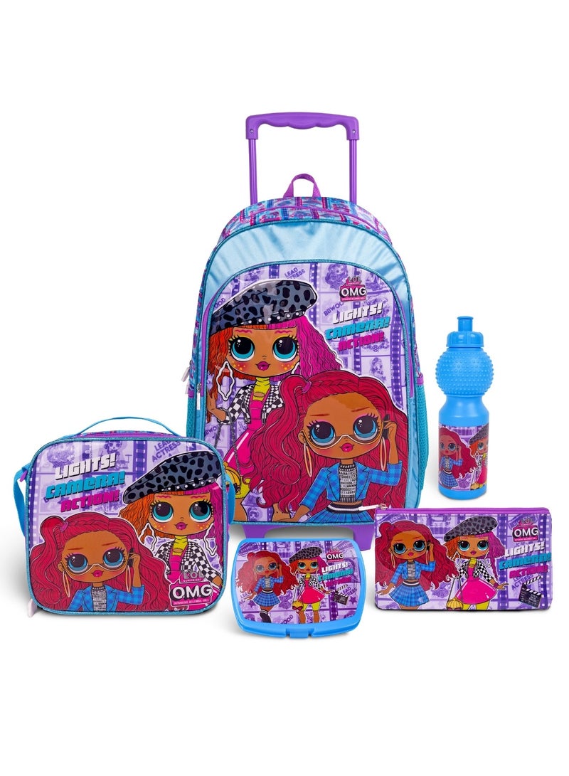 ام جي اي حقيبة مدرسية بعجلات  في  لول أوه إم جي مع زجاجة ماء وصندوق غداء وحقيبة معزولة وحافظة أقلام للبنات + - Image 1
