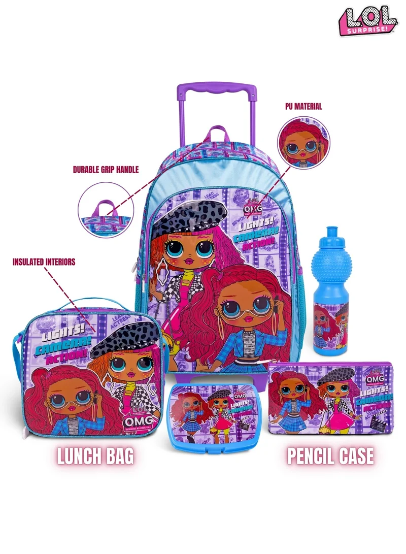MGA LOL OMG 5-in-1 Trolley School Bag Set - Ergonomic Backpack, Water Bottle, Lunch Box, Insulated Bag & Pencil Case, Lightweight & Durable, for Girls 6+, Perfect for School & Travel