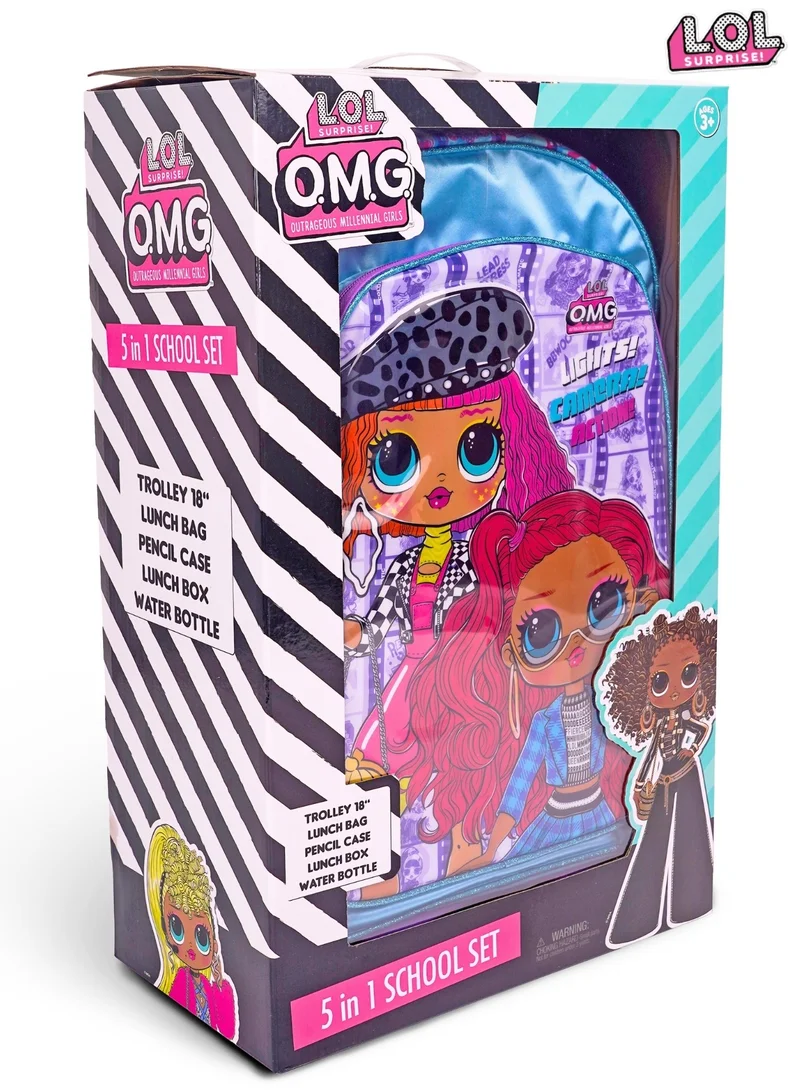 MGA LOL OMG 5-in-1 Trolley School Bag Set - Ergonomic Backpack, Water Bottle, Lunch Box, Insulated Bag & Pencil Case, Lightweight & Durable, for Girls 6+, Perfect for School & Travel