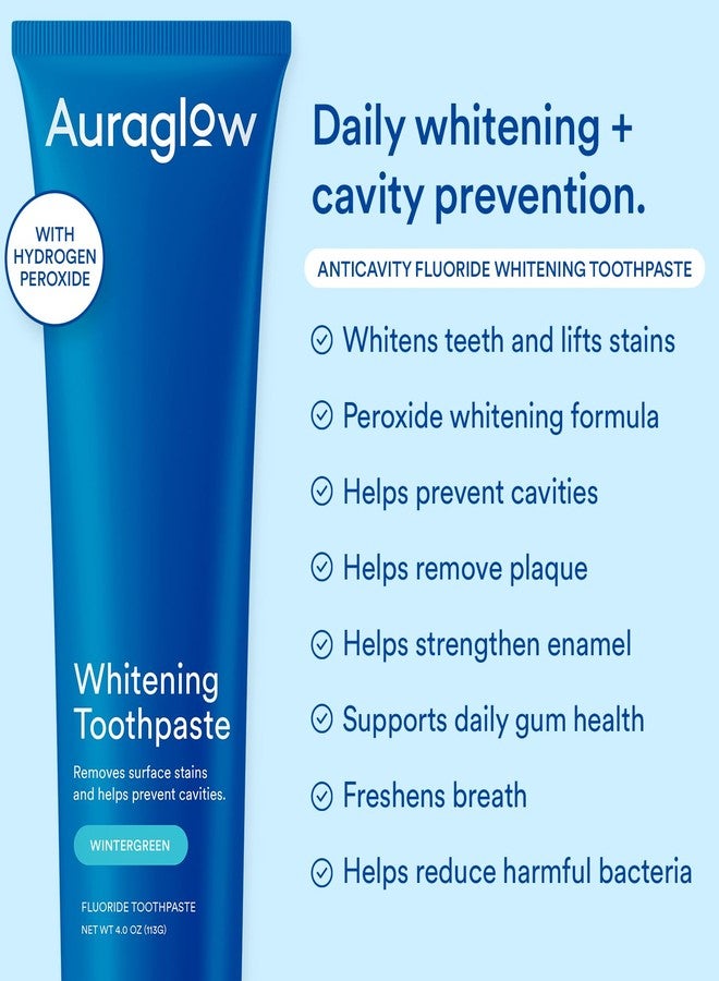 Auraglow Whitening Toothpaste, Hydrogen Peroxide Toothpaste with Fluoride, Whitens Teeth, Prevents Cavities, Strengthens Enamel for Adults, Kids Oral Care, Wintergreen Flavor, 4 oz (1 Pack - Image 2