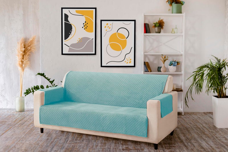 KINGLY Velvet Quilted Universal Elastic Sofa Cover Non-Slip Sofa Protector 5 Seater Armchair Cover with Machine Washable Adjustable Elastic Straps (3+2 Seater) (Italian Blue) - Image 1