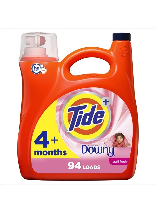 Tide منظف الغسيل السائل داوني بلس من إبريل فريش، متوافق مع HE، 94 غسلة، 132 أونصة سائلة - Image 1