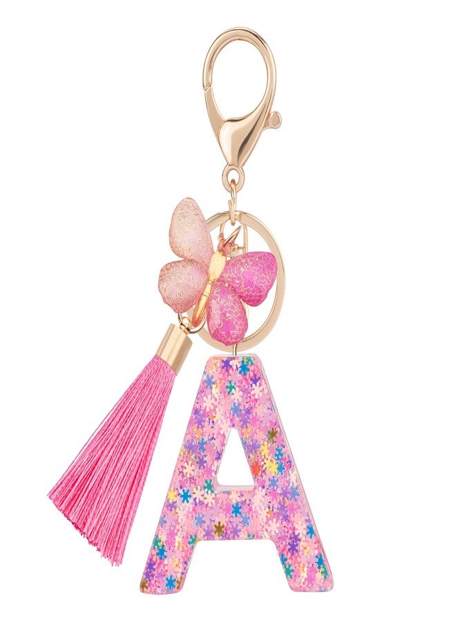 Suweibuke Cute Pink Key Chains for Women Girls, Initial Letter Keychains with Tassel, Charms for Key Purse Handbags Backpacks (Colorful Pink Butterfly-A) - Image 1