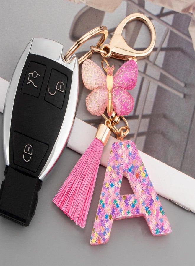 Suweibuke Cute Pink Key Chains for Women Girls, Initial Letter Keychains with Tassel, Charms for Key Purse Handbags Backpacks (Colorful Pink Butterfly-A) - Image 2
