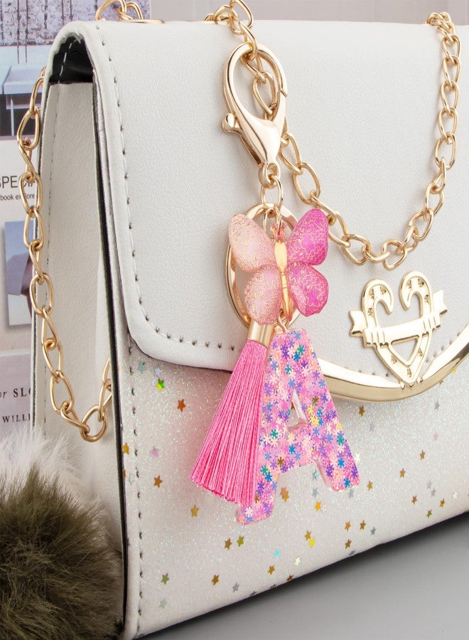 Suweibuke Cute Pink Key Chains for Women Girls, Initial Letter Keychains with Tassel, Charms for Key Purse Handbags Backpacks (Colorful Pink Butterfly-A) - Image 3