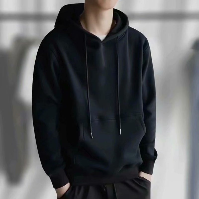 Mens Winter Thickened Fleece Hoodie Casual Korean Trend Oversized Letter Coat Thin black sweater 