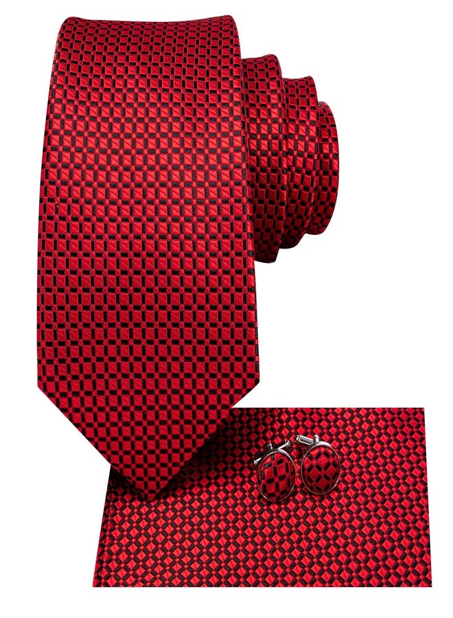 Hi-Tie Mens 70inches Tie Set Black Red Checks Extra Long Necktie for Men Cufflinks Handkerchief Big Tall Men Business Wedding - Image 2