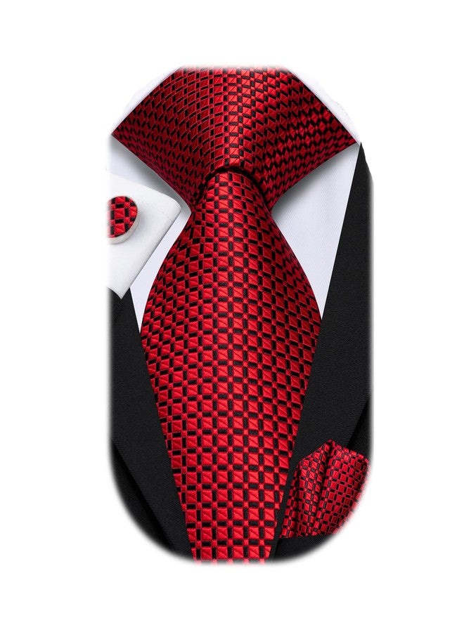 Hi-Tie Mens 70inches Tie Set Black Red Checks Extra Long Necktie for Men Cufflinks Handkerchief Big Tall Men Business Wedding - Image 1