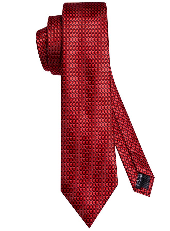 Hi-Tie Mens 70inches Tie Set Black Red Checks Extra Long Necktie for Men Cufflinks Handkerchief Big Tall Men Business Wedding - Image 3