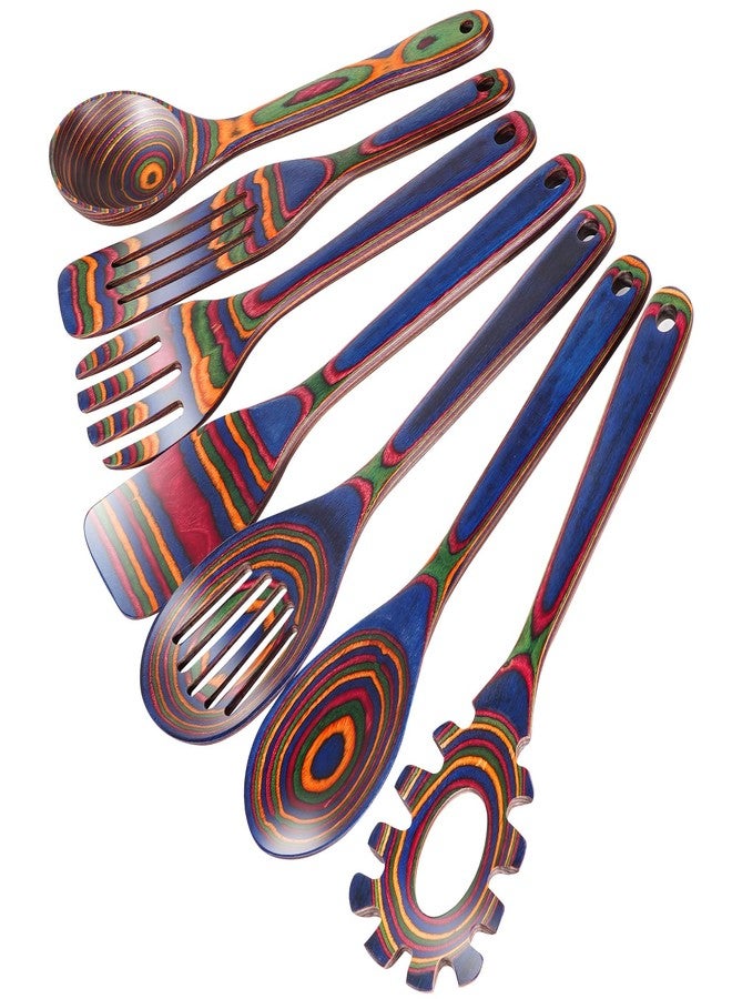 MYRAINBOW Wooden Spoons for Cooking - 7 Piece Pakkawood Kitchen Utensils Set with Spatulas, Spoons, Ladles, and Turner for Mixing, Serving & Cooking - Image 1
