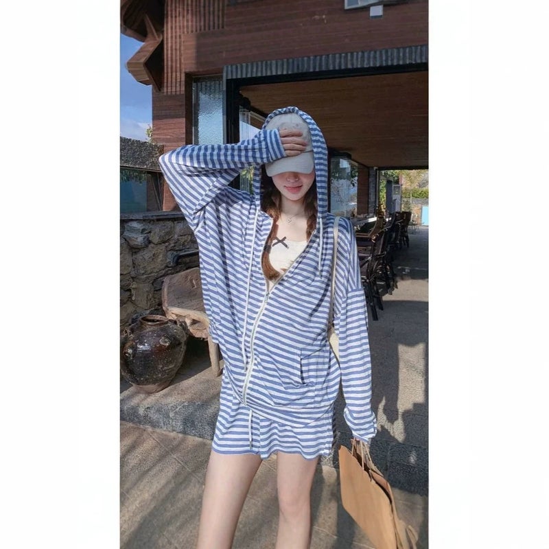 Women's Stripe Long Sleeve Shirt and Shorts Tracksuit Set - Image 1