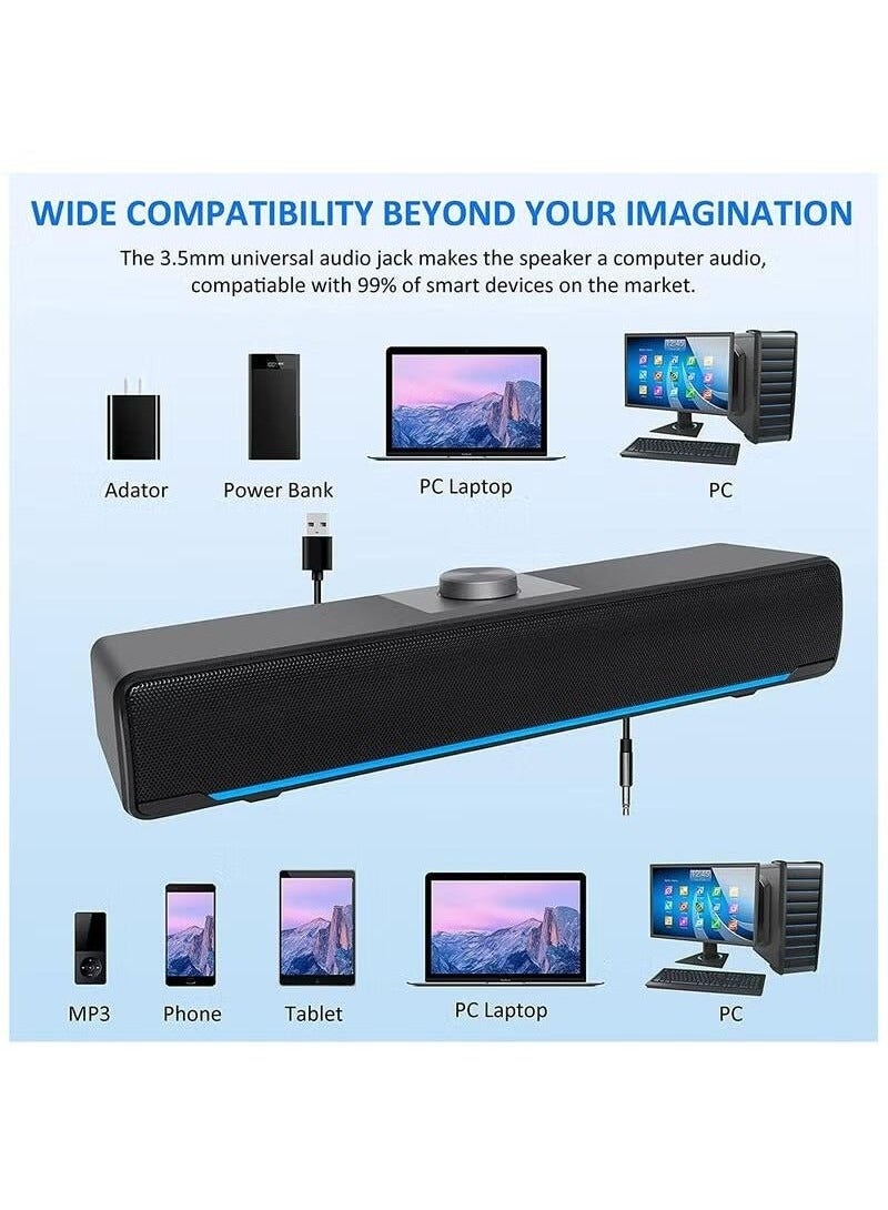 سوبر زي يوث مكبرات صوت للكمبيوتر، شريط صوت سلكي 2.0 ستيريو يعمل بمنفذ USB مع ضوء LED أزرق ووصلة مساعدة 3.5 ملم للتلفزيون وسطح المكتب والكمبيوتر المحمول وشاشة الكمبيوتر والهاتف المحمول - Image 3