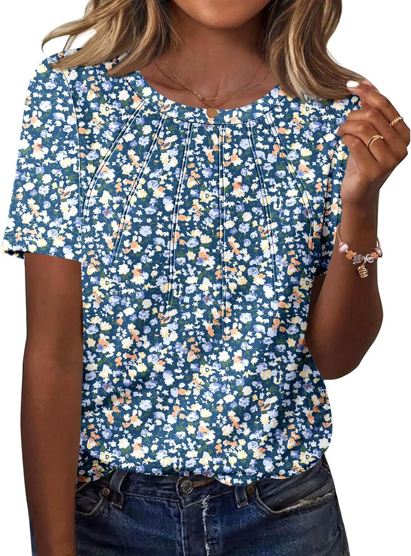 Kistore Womens Shirts Dressy Casual Short Sleeve 2025 Trendy Elegant Loose Casual Crew Neck Blouses Floral L - Image 1