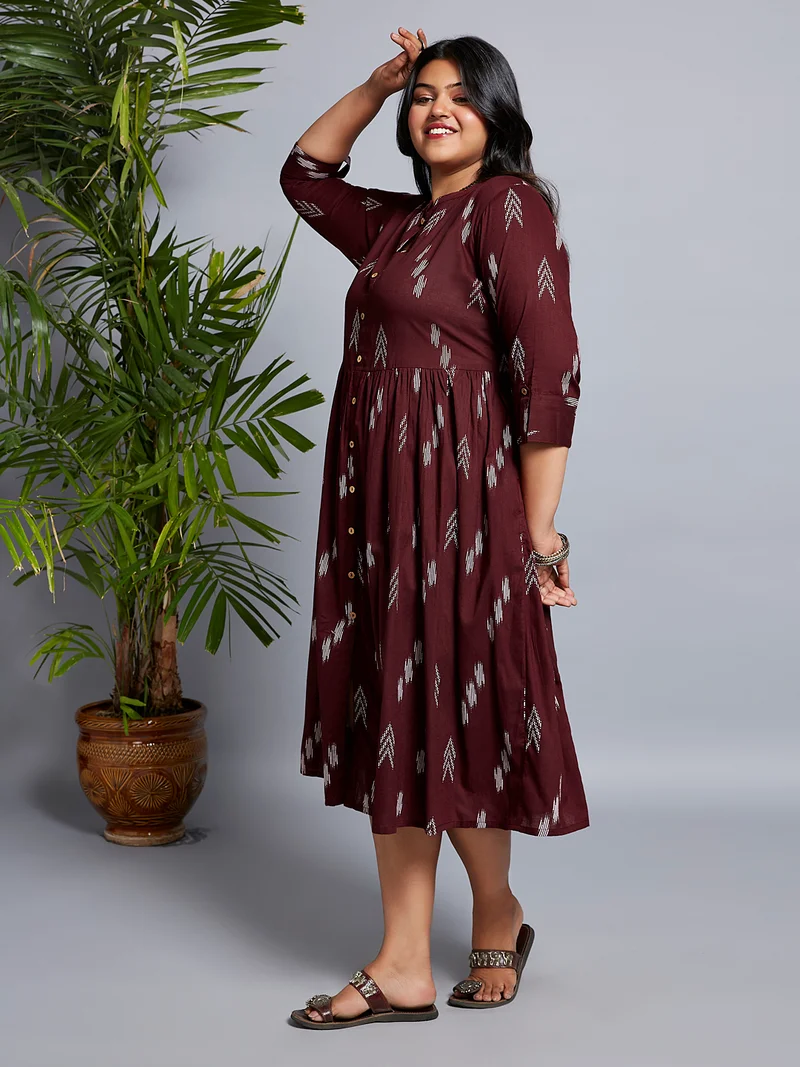 جلو باص Globus Women Gloplus Printed Mandarin Collar Roll-Up Sleeves A-Line Midi Plus Size Dress