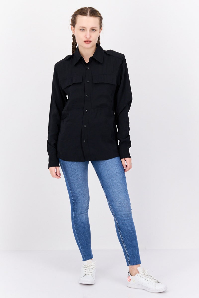 RIVER ISLAND Women Pointed Collar Long Button Detail Shirts, Black - Image 4