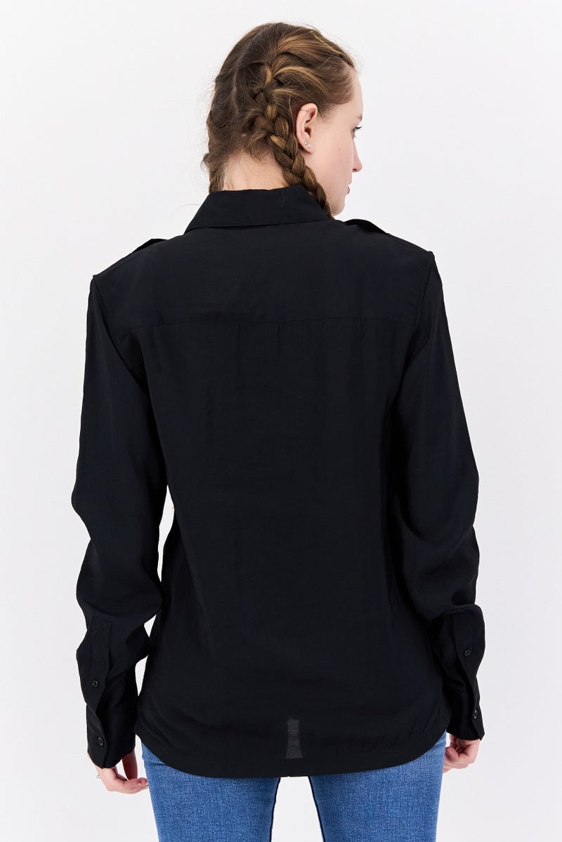 RIVER ISLAND Women Pointed Collar Long Button Detail Shirts, Black - Image 3