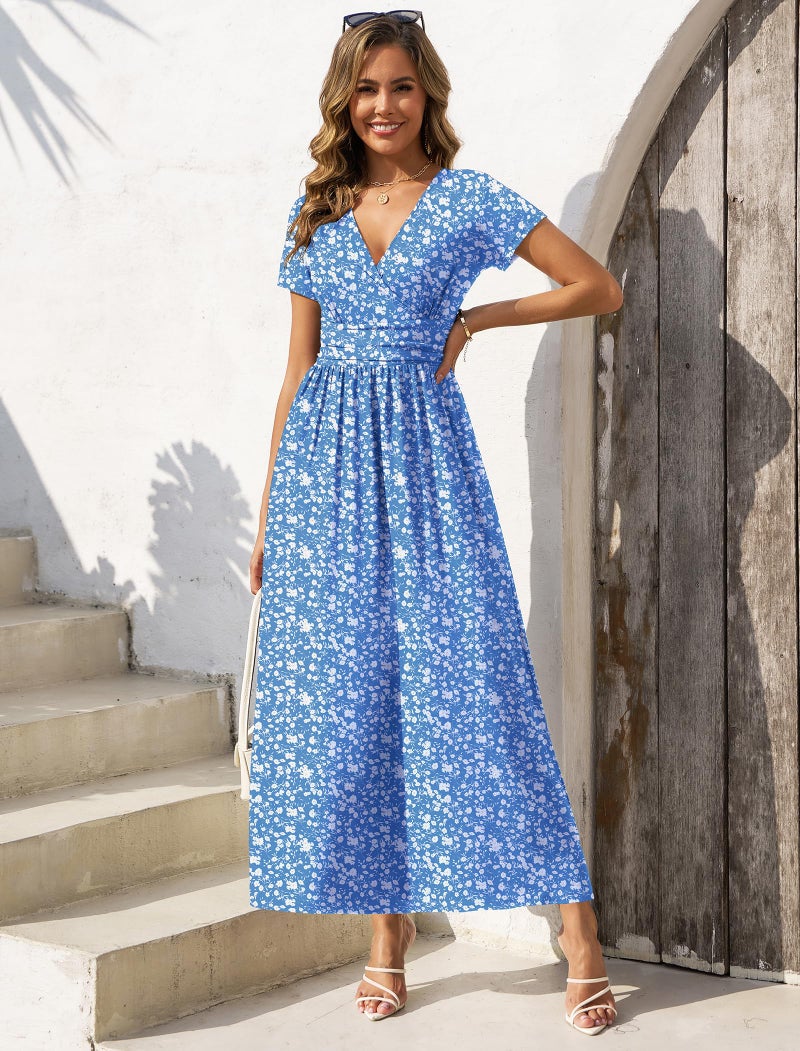 Gracyoga Womens Summer Wrap Dresses Spring Midi Smocked Swing Dress Vintage V Neck High Waist Casual Long Sundress Dinner Outfit L - Image 5