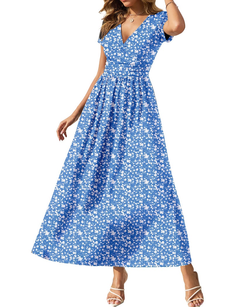 Gracyoga Womens Summer Wrap Dresses Spring Midi Smocked Swing Dress Vintage V Neck High Waist Casual Long Sundress Dinner Outfit L - Image 1