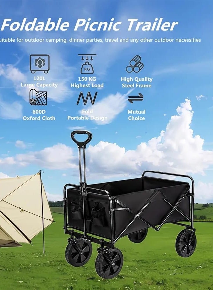 Outdoor Wagon Collapsible with Removable Fabric Festival Garden Camping Picnic Cart Supports Max 150kg Portable Transport Trailer Black  - Image 2
