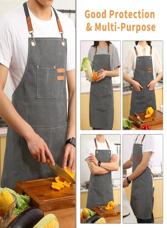 Tosewever Canvas Cross Back Chef Cotton Aprons for Men Women with Large Pockets (Grey) - Image 4