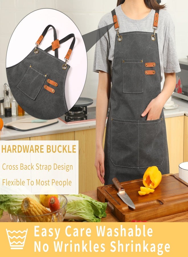 Tosewever Canvas Cross Back Chef Cotton Aprons for Men Women with Large Pockets (Grey) - Image 2