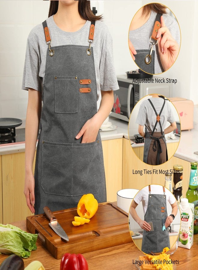 Tosewever Canvas Cross Back Chef Cotton Aprons for Men Women with Large Pockets (Grey) - Image 3