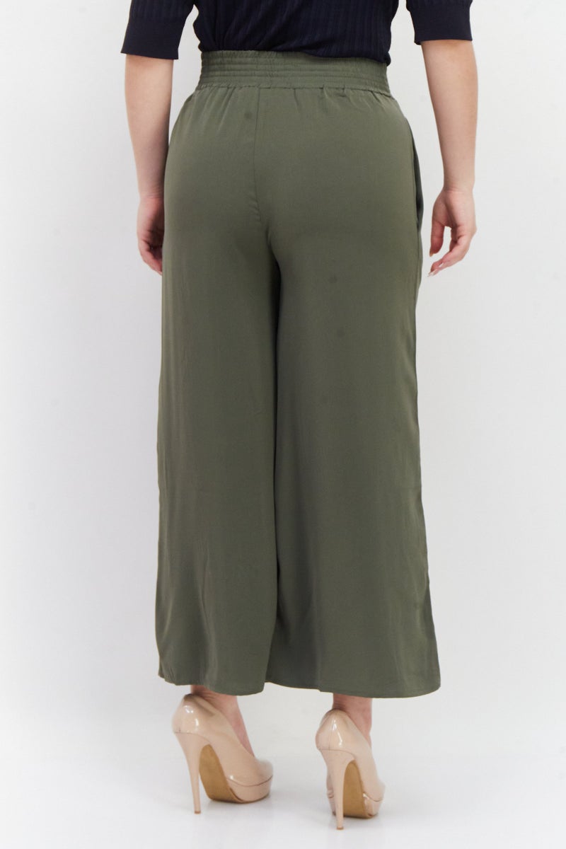 French Connection Women Wide Leg Plain Palazzo Pants, Olive - Image 3