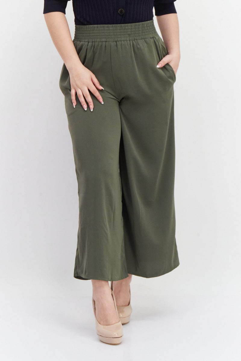 French Connection Women Wide Leg Plain Palazzo Pants, Olive - Image 1
