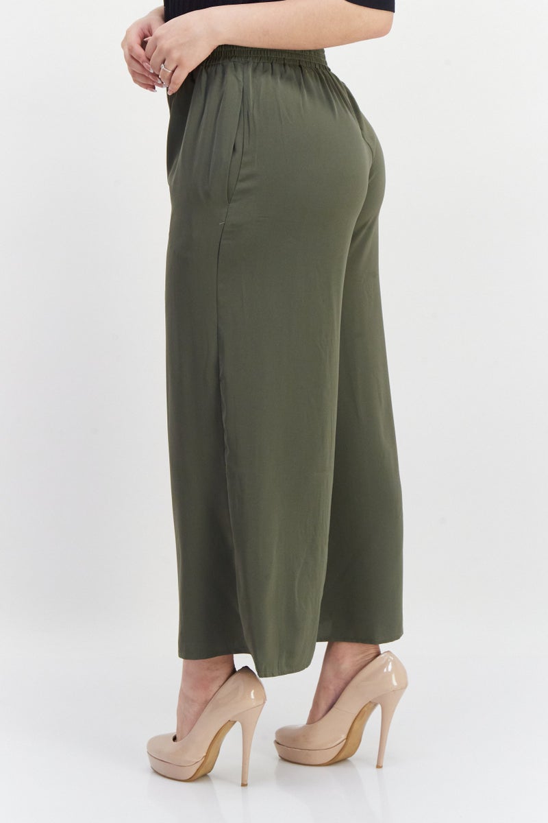 French Connection Women Wide Leg Plain Palazzo Pants, Olive - Image 2