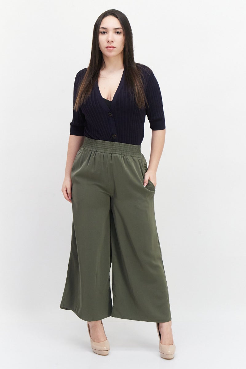 French Connection Women Wide Leg Plain Palazzo Pants, Olive - Image 4