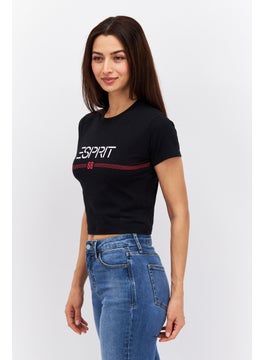 ESPRIT Women Crew Neck Short Sleeve Brand Logo Crop Top, Black  - Image 2
