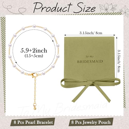 Quelay 16 Pcs Jewelry Bridesmaid Gift Pearl Bracelet Microfiber Jewelry Bag Pouch Set of 8 for Wedding Bridal Party FavorGreen GoldBow Tie - Image 3