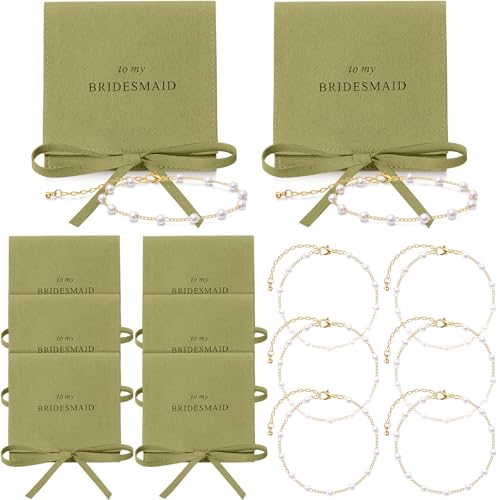 Quelay 16 Pcs Jewelry Bridesmaid Gift Pearl Bracelet Microfiber Jewelry Bag Pouch Set of 8 for Wedding Bridal Party FavorGreen GoldBow Tie - Image 1